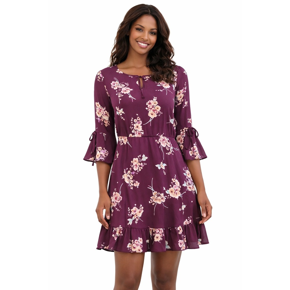 TIMING‎ Plum Floral Bell Sleeve Dress Size S Romantic Flowy